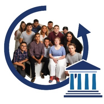 A diverse group of people with an arrow curving around them and a local council icon.