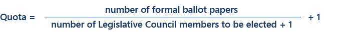 Quota for the Legislative Council is the number of formal ballot papers divided by the number of Legislative Council members to be elected, plus one. Quota formula for the Legislative Council